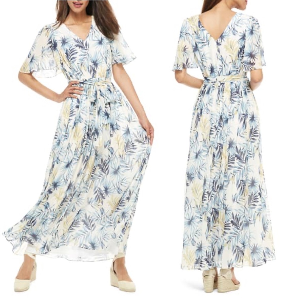 Gal Meets Glam Cream Maxi Dress with Blue and Yellow Palm Print